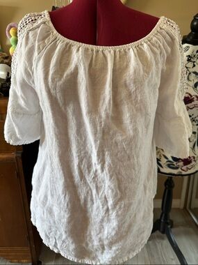Women's White Linen Peasant Top with Crochet Shoulders